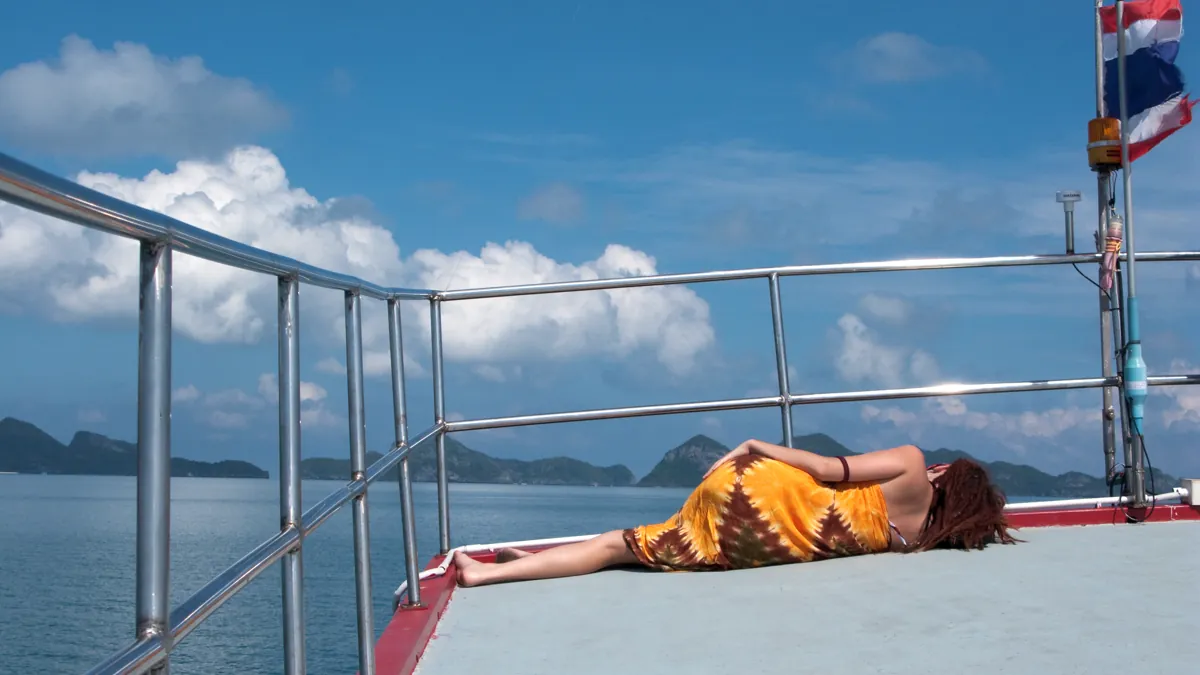 Open passenger deck on a boat approaching Mu Ko Ang Thong
