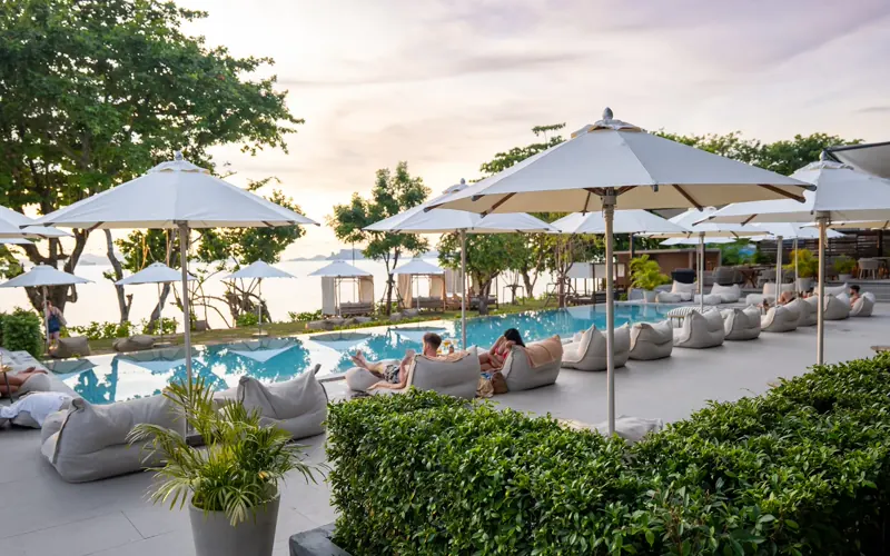 The Beach Club Klong Muang pool terrace and sea-facing lounge at Varana Hotel Krabi